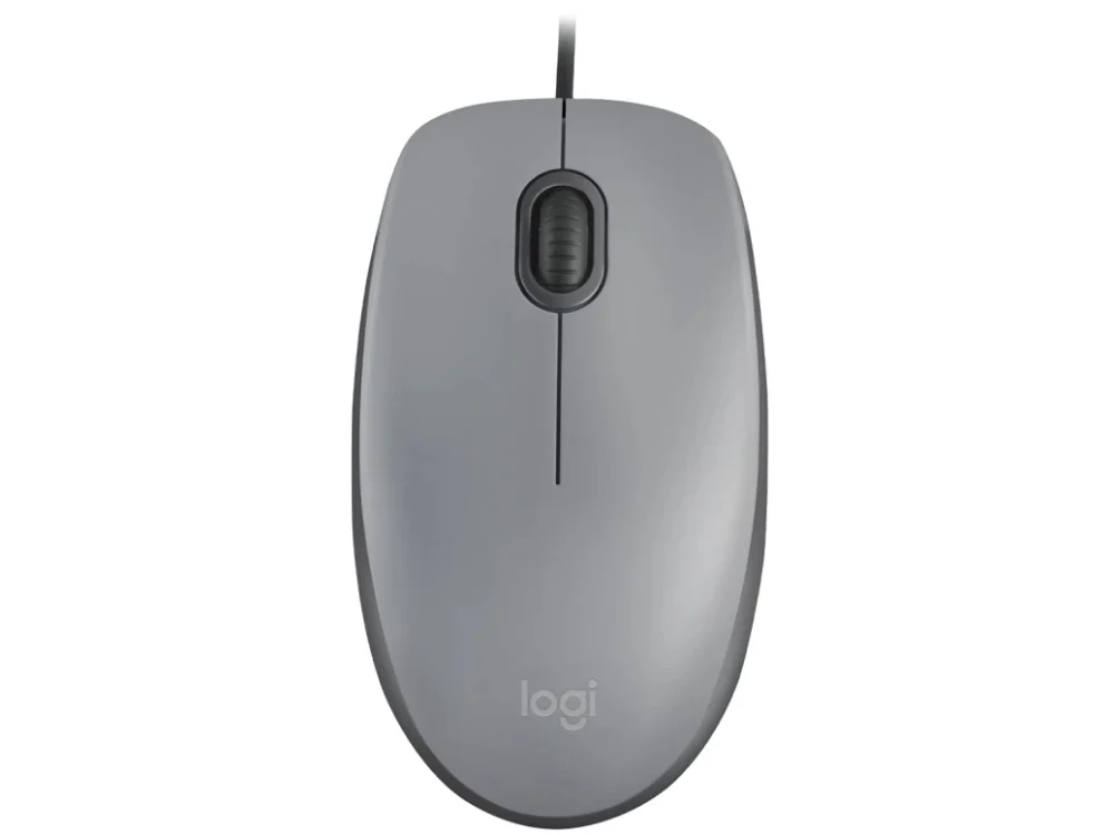 Mouse Logitech M110 Silent gris vista superior con cable USB sobre fondo blanco
