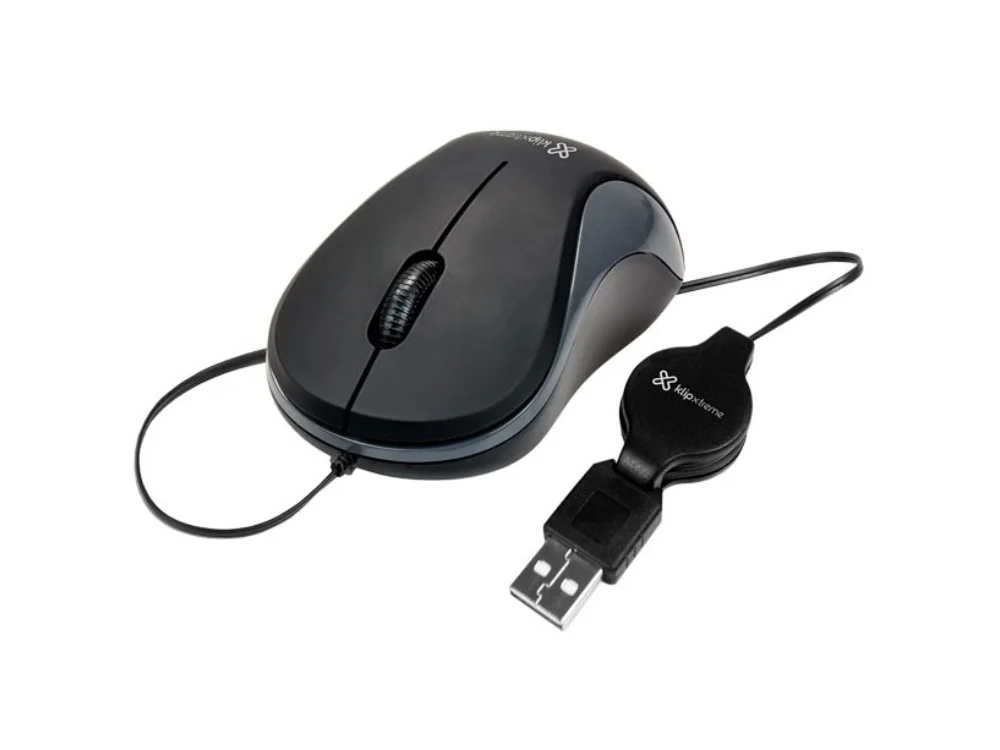 1 Mouse óptico KlipXtreme Karbon color negro con cable USB retráctil vista frontal sobre fondo blanco