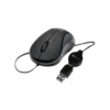 Mouse óptico KlipXtreme Karbon color negro con cable USB retráctil vista frontal sobre fondo blanco
