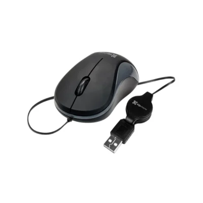 Mouse óptico KlipXtreme Karbon color negro con cable USB retráctil vista frontal sobre fondo blanco