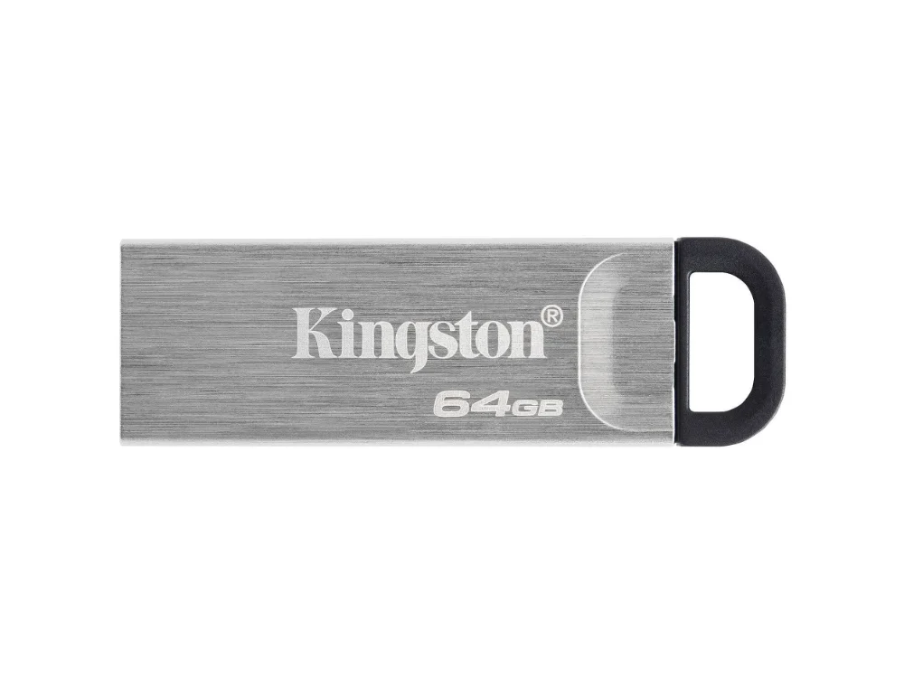 Memoria USB Kingston DataTraveler Kyson 64GB carcasa metálica vista frontal sobre fondo blanco.