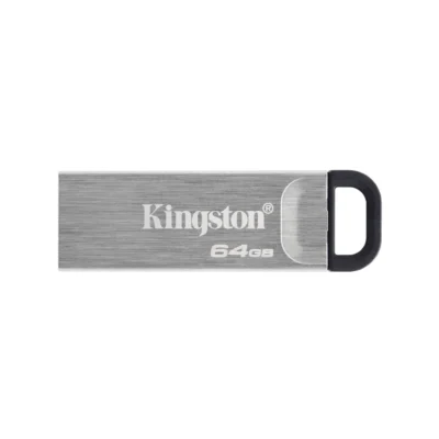 Memoria USB Kingston DataTraveler Kyson 64GB carcasa metálica vista frontal sobre fondo blanco.