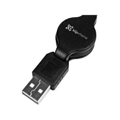 Vista superior del mouse KlipXtreme Karbon mostrando su mecanismo de cable enrollable