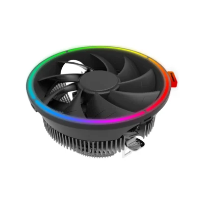 1 Vista en ángulo superior del disipador de CPU GameMax Gamma 200 mostrando su ventilador negro de 125mm y anillo de iluminación Rainbow ARGB sobre fondo blanco.