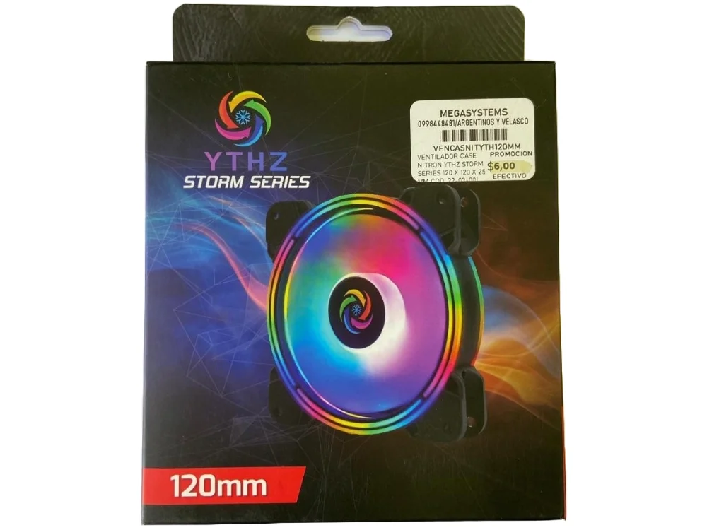 1 Vista frontal del ventilador para PC YTHZ Storm Series 120mm con anillo de iluminación RGB encendido sobre fondo blanco.