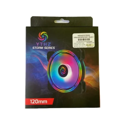 Vista frontal del ventilador para PC YTHZ Storm Series 120mm con anillo de iluminación RGB encendido sobre fondo blanco.