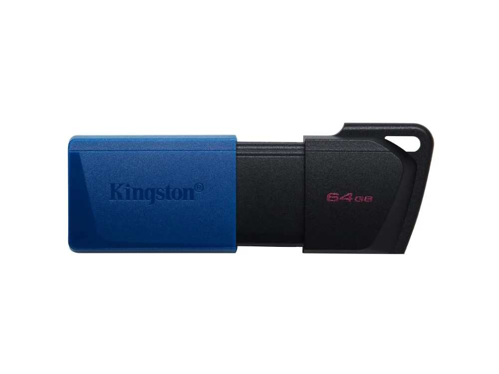 Memoria USB Kingston DataTraveler Exodia M 64GB color negro y azul vista frontal sobre fondo blanco.