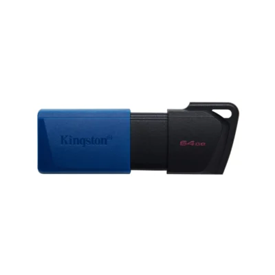 1 Memoria USB Kingston DataTraveler Exodia M 64GB color negro y azul vista frontal sobre fondo blanco.