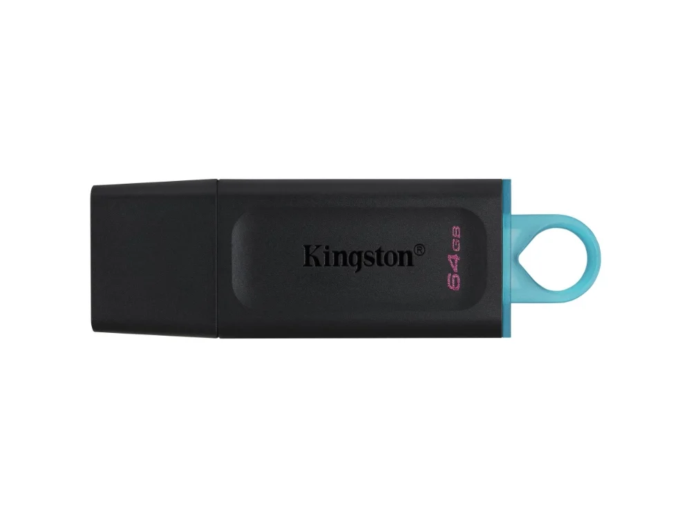 Memoria USB Kingston DataTraveler Exodia 64GB color negro con anillo turquesa vista frontal sobre fondo blanco.