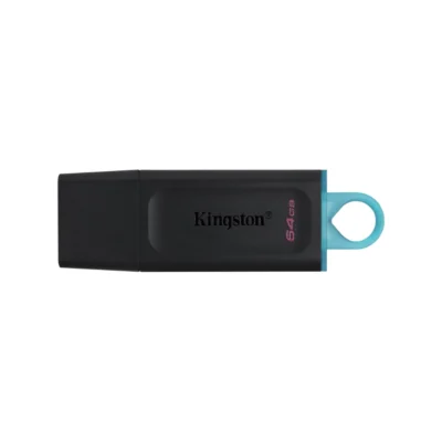 Memoria USB Kingston DataTraveler Exodia 64GB color negro con anillo turquesa vista frontal sobre fondo blanco.