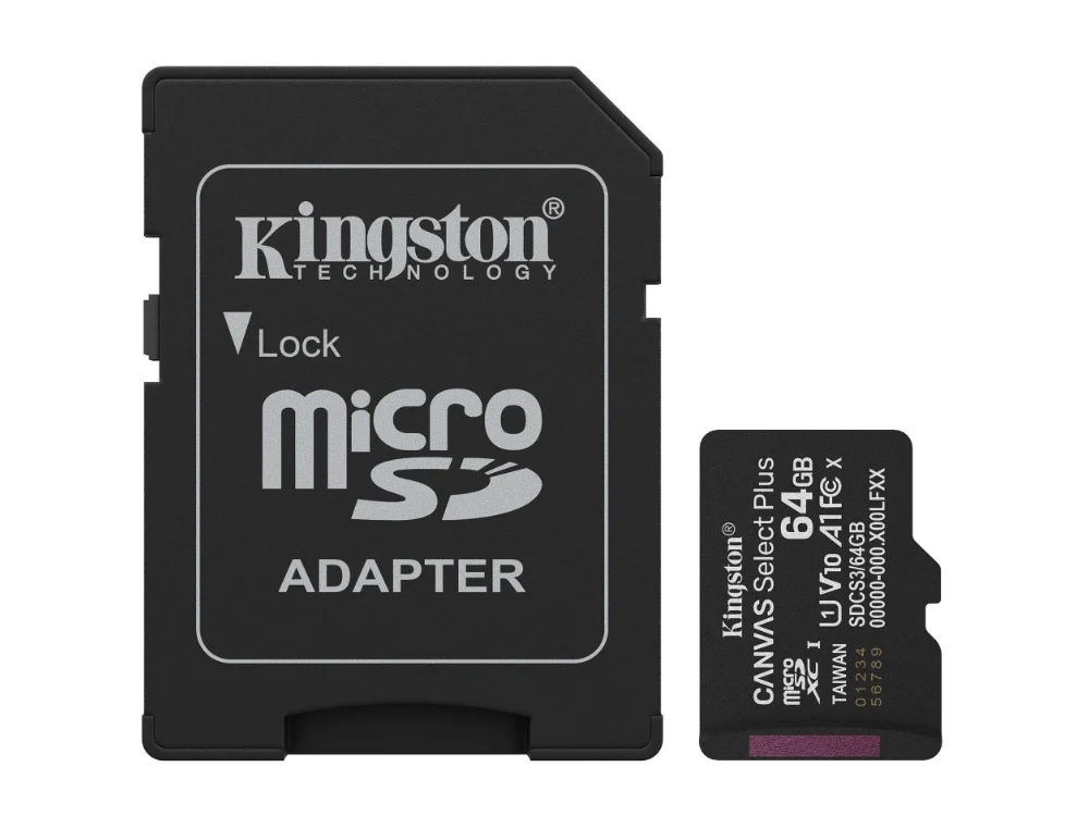 Tarjeta de memoria microSD Kingston Canvas Select Plus 64GB junto a su adaptador SD color negro sobre fondo blanco.