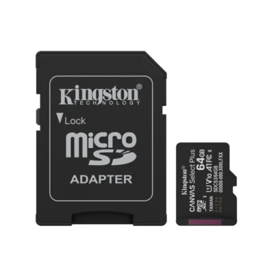 1 Tarjeta de memoria microSD Kingston Canvas Select Plus 64GB junto a su adaptador SD color negro sobre fondo blanco.
