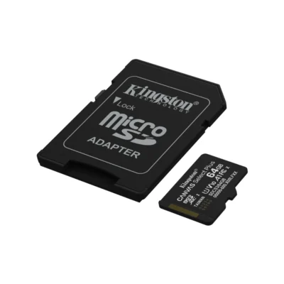 2 Tarjeta de memoria microSD Kingston Canvas Select Plus 64GB junto a su adaptador SD color negro sobre fondo blanco.