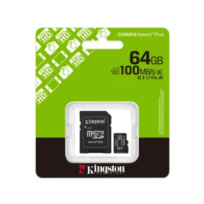 3 Blíster verde del empaque comercial de la tarjeta Kingston Canvas Select Plus 64GB destacando su rendimiento A1.