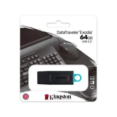 Empaque comercial de la memoria Kingston DataTraveler Exodia 64GB detallando la compatibilidad USB 3.2 Gen 1.