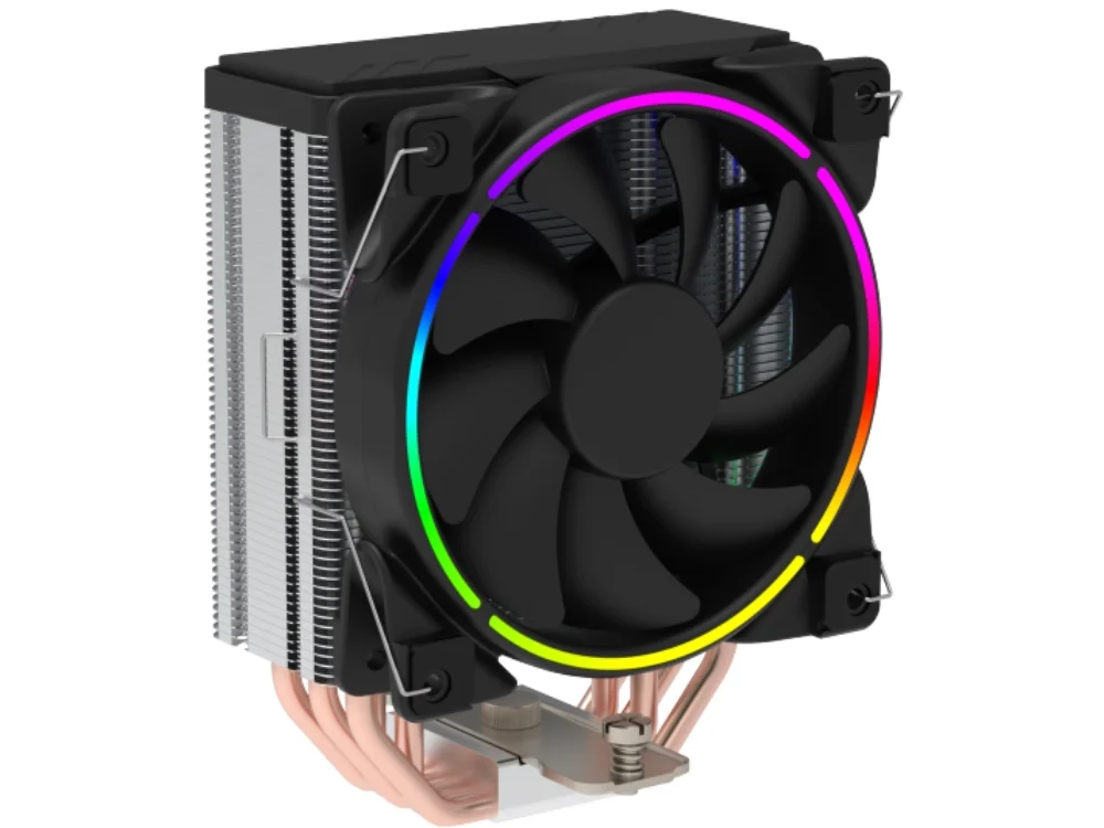 1 Vista frontal del disipador de aire para CPU GameMax Gamma 500 con ventilador de 120mm e iluminación RGB encendida sobre fondo blanco.