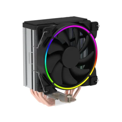 Vista frontal del disipador de aire para CPU GameMax Gamma 500 con ventilador de 120mm e iluminación RGB encendida sobre fondo blanco.