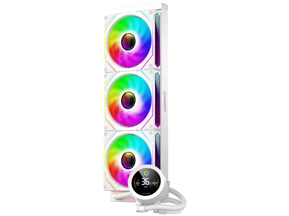 1 Vista frontal de la refrigeración líquida blanca GameMax Iceburg 360 Digital WH mostrando sus 3 ventiladores ARGB y bomba con pantalla sobre fondo blanco.