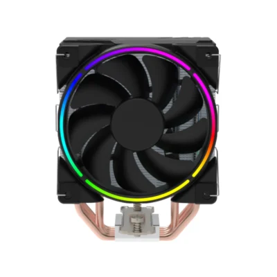 Vista frontal del disipador de aire para CPU GameMax Gamma 500 con ventilador de 120mm e iluminación RGB encendida sobre fondo blanco.