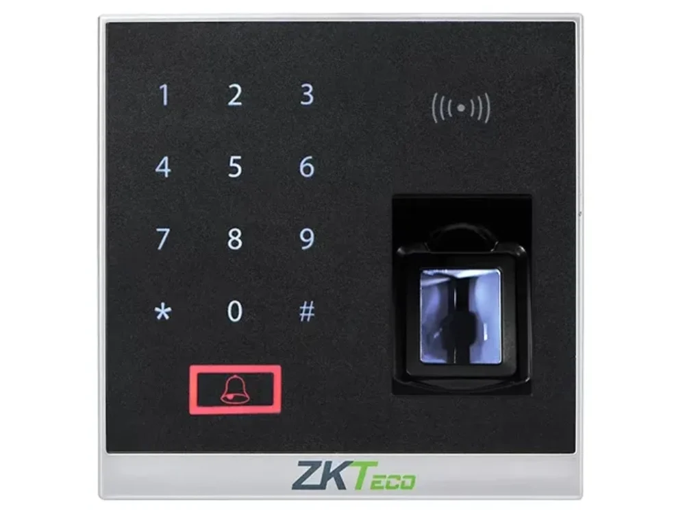 1 Terminal de control de acceso biométrico ZKTeco X8-BT vista frontal mostrando su teclado táctil, lector de huellas y diseño compacto.
