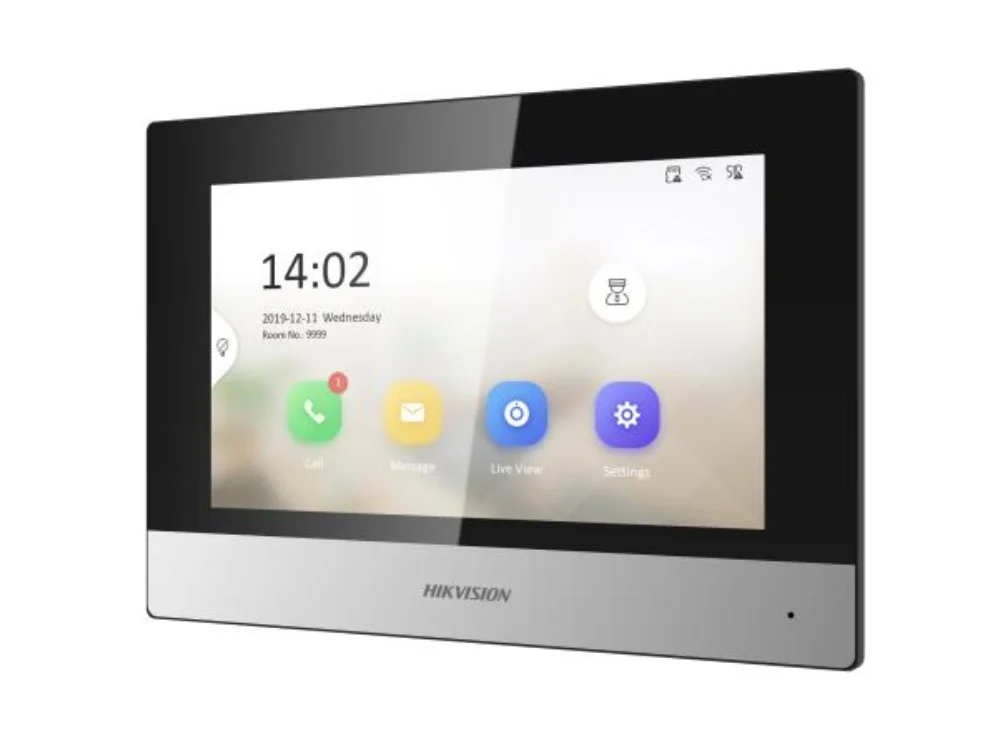 1 Monitor de videoportero WiFi Hikvision DS-KH6320-WTE1 con pantalla táctil de 7 pulgadas sobre fondo blanco.