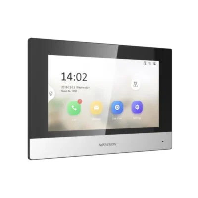 3 Monitor de videoportero WiFi Hikvision DS-KH6320-WTE1 con pantalla táctil de 7 pulgadas sobre fondo blanco.