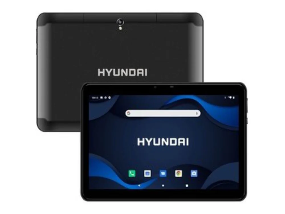 Tablet HYUNDAI HyTab Plus 10LB2 mostrando su diseño frontal en color negro con la pantalla de 10.1 pulgadas encendida destacando su amplia visualización.