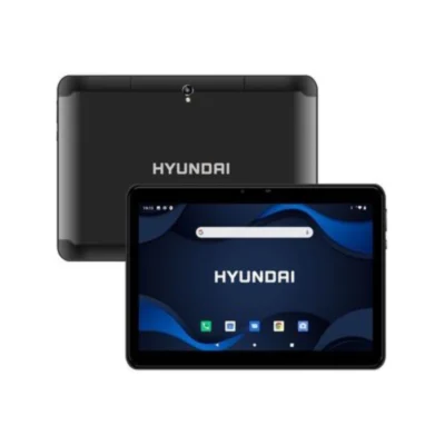 Tablet HYUNDAI HyTab Plus 10LB2 mostrando su diseño frontal en color negro con la pantalla de 10.1 pulgadas encendida destacando su amplia visualización.