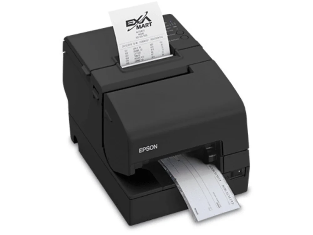 Impresora Térmica y Matricial Epson TM-H6000V procesando un recibo y un cheque