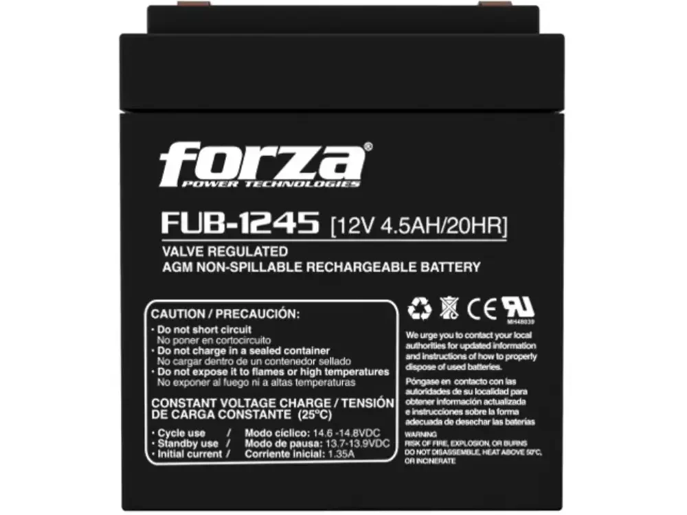 1 Acercamiento a los bornes de conexión y a la carcasa negra de la batería Forza FUB-1245, mostrando sus certificaciones de seguridad.