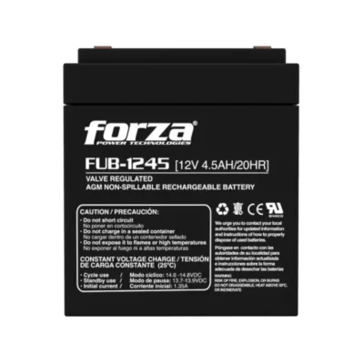 Acercamiento a los bornes de conexión y a la carcasa negra de la batería Forza FUB-1245, mostrando sus certificaciones de seguridad.