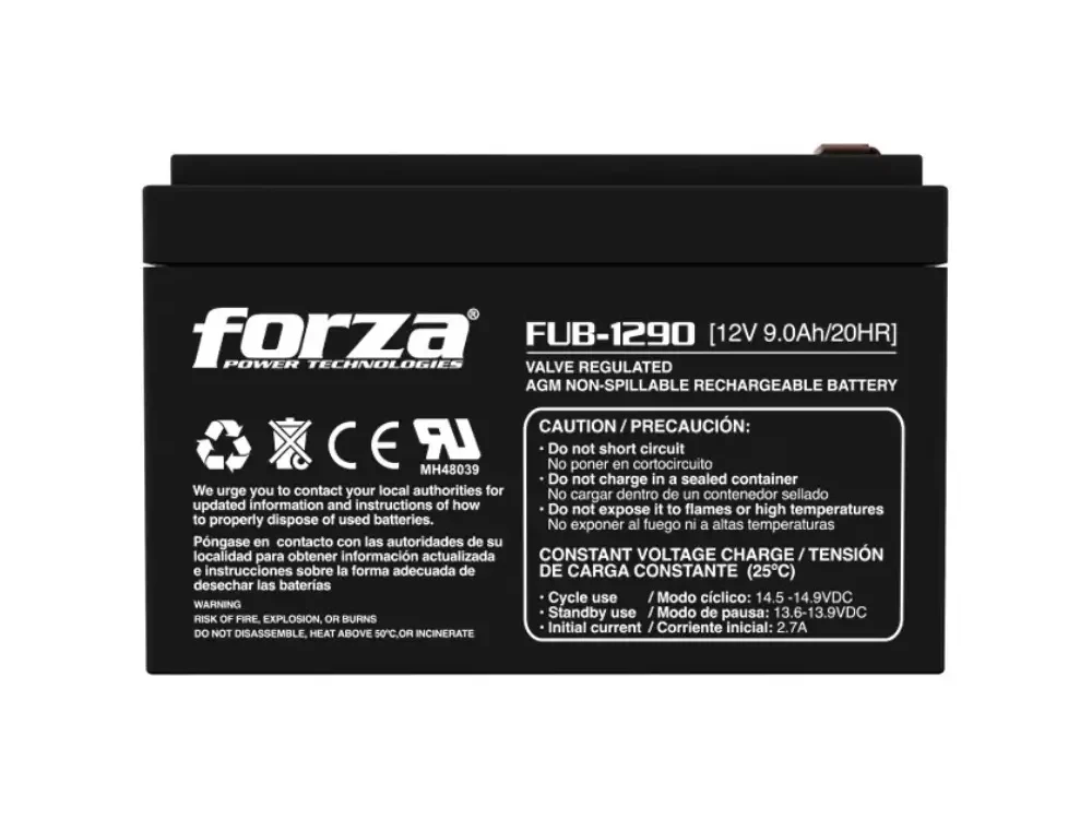 1 Acercamiento a la batería Forza FUB-1290 destacando su diseño sellado de ácido-plomo libre de mantenimiento y terminales de conexión en la parte superior.