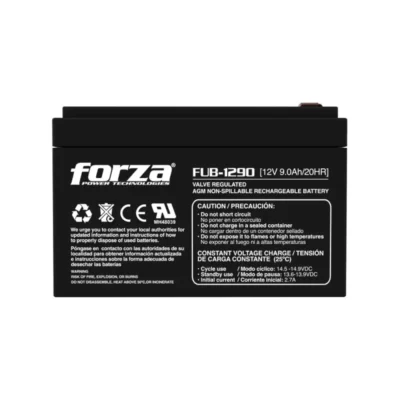 Acercamiento a la batería Forza FUB-1290 destacando su diseño sellado de ácido-plomo libre de mantenimiento y terminales de conexión en la parte superior.