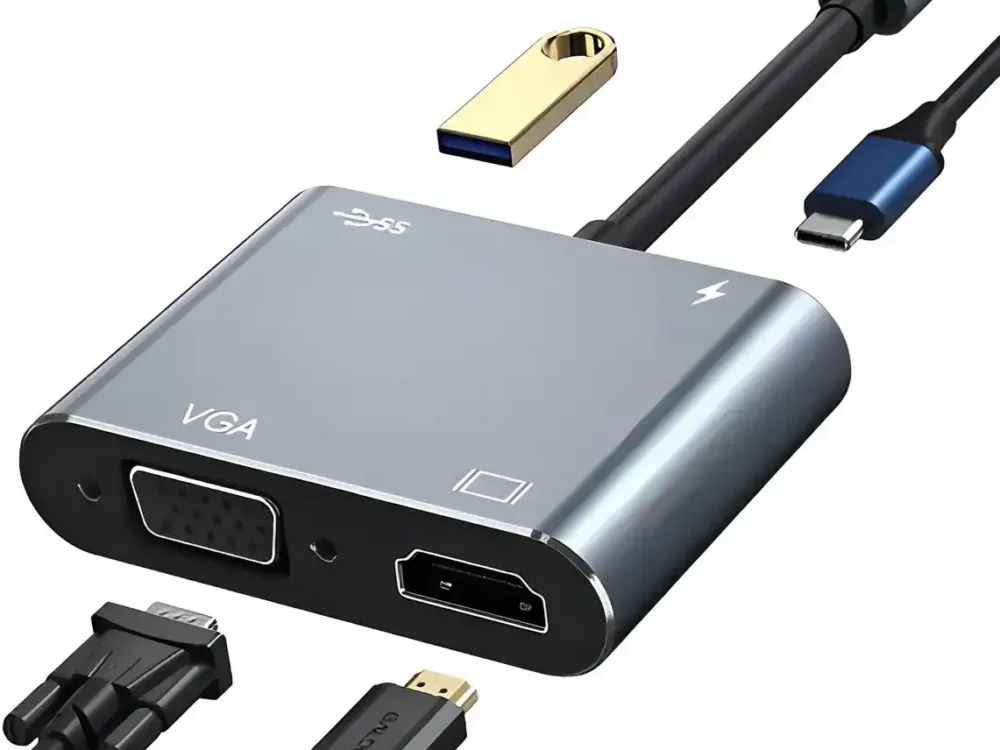 Acercamiento a los conectores laterales del adaptador multipuerto mostrando en detalle las interfaces tipo C (PD), USB 3.0, HDTV y VGA.
