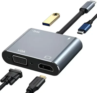 Acercamiento a los conectores laterales del adaptador multipuerto mostrando en detalle las interfaces tipo C (PD), USB 3.0, HDTV y VGA.
