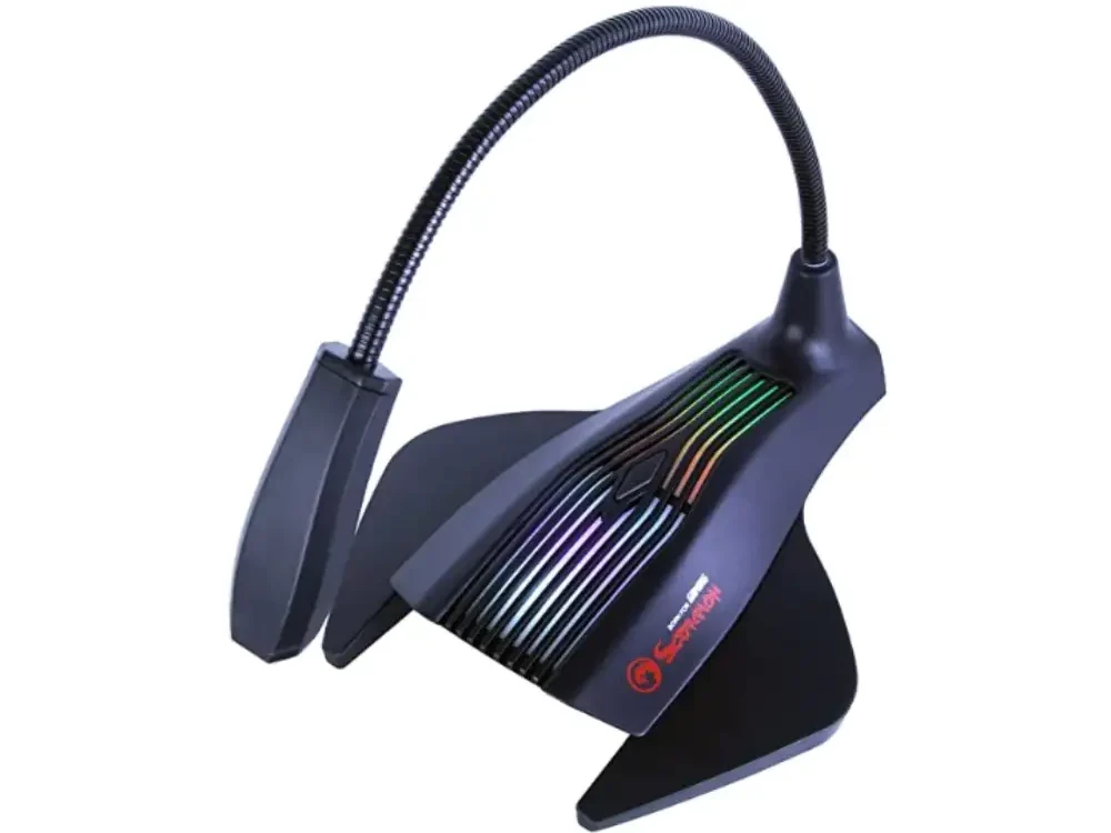 Acercamiento al brazo ajustable del micrófono Marvo Scorpion MIC-01 y su base de escritorio iluminada con llamativos colores arcoíris.