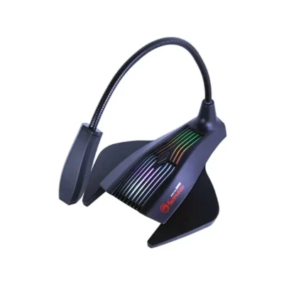 1 Acercamiento al brazo ajustable del micrófono Marvo Scorpion MIC-01 y su base de escritorio iluminada con llamativos colores arcoíris.