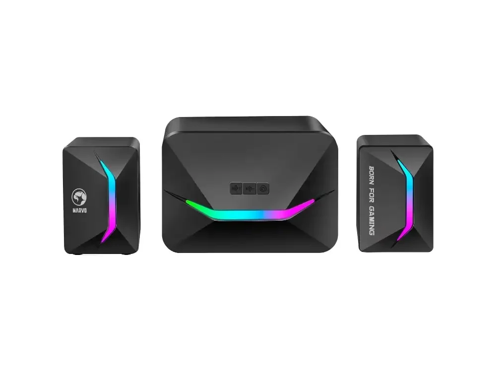 Vista frontal de los parlantes gaming Marvo SG-235 2.1 con iluminación RGB encendida sobre fondo blanco.