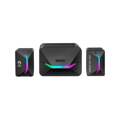 1 Vista frontal de los parlantes gaming Marvo SG-235 2.1 con iluminación RGB encendida sobre fondo blanco.