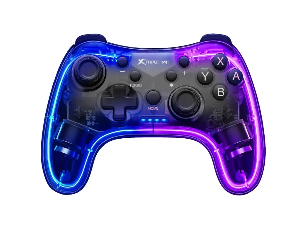 1 Vista frontal del gamepad inalámbrico Xtrike Me GP-52 con diseño transparente e iluminación RGB activada sobre fondo blanco.
