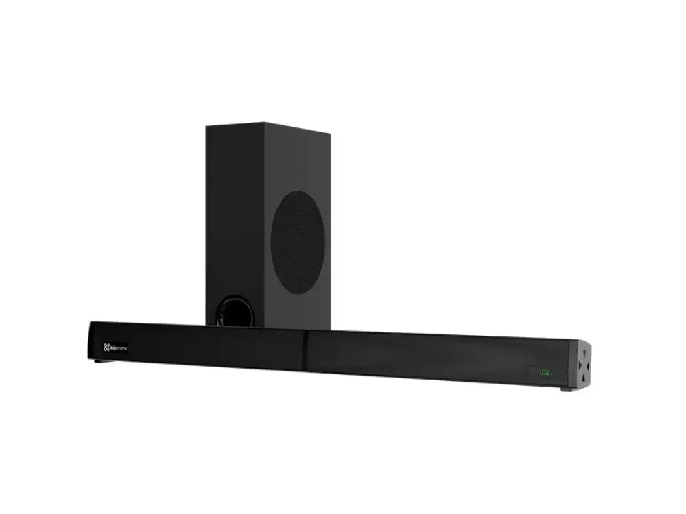 1 Vista frontal de la barra de sonido 2.1 KlipXtreme BoomBar junto a su subwoofer dedicado sobre fondo blanco.