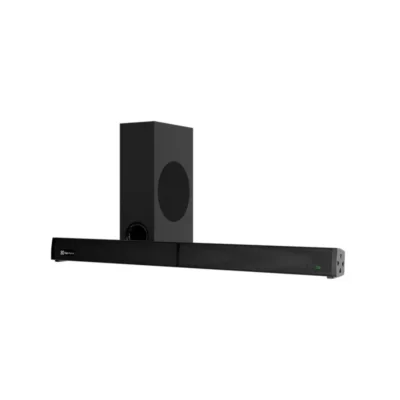 1 Vista frontal de la barra de sonido 2.1 KlipXtreme BoomBar junto a su subwoofer dedicado sobre fondo blanco.