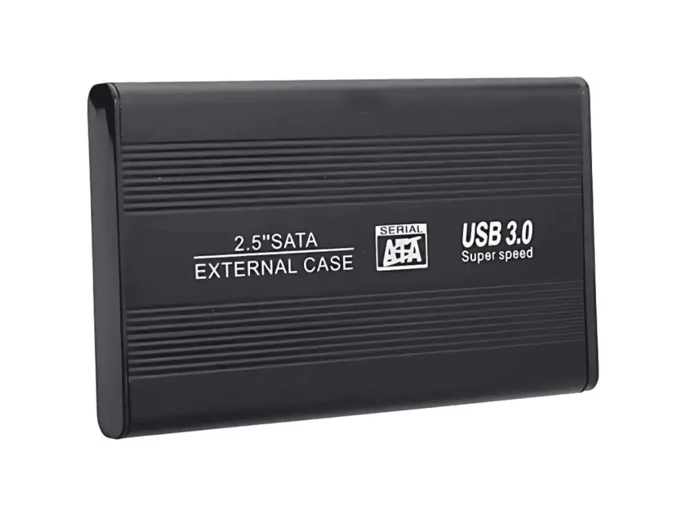 Vista frontal de la carcasa de aluminio para disco duro externo 2.5 pulgadas Nitron USB 3.0 sobre fondo blanco.