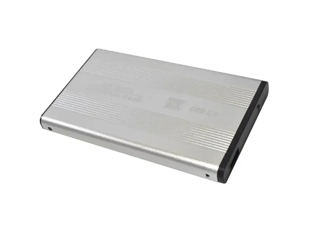 Vista frontal de la caja del case externo para disco duro 2.5 pulgadas Nitron USB 2.0 de aluminio sobre fondo blanco.