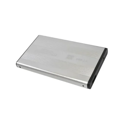 Vista frontal de la caja del case externo para disco duro 2.5 pulgadas Nitron USB 2.0 de aluminio sobre fondo blanco.