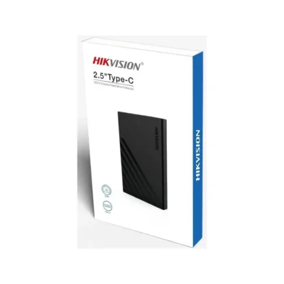 Vista frontal del empaque del case externo 2.5 pulgadas Hikvision con conexión Type-C y luz LED sobre fondo blanco.