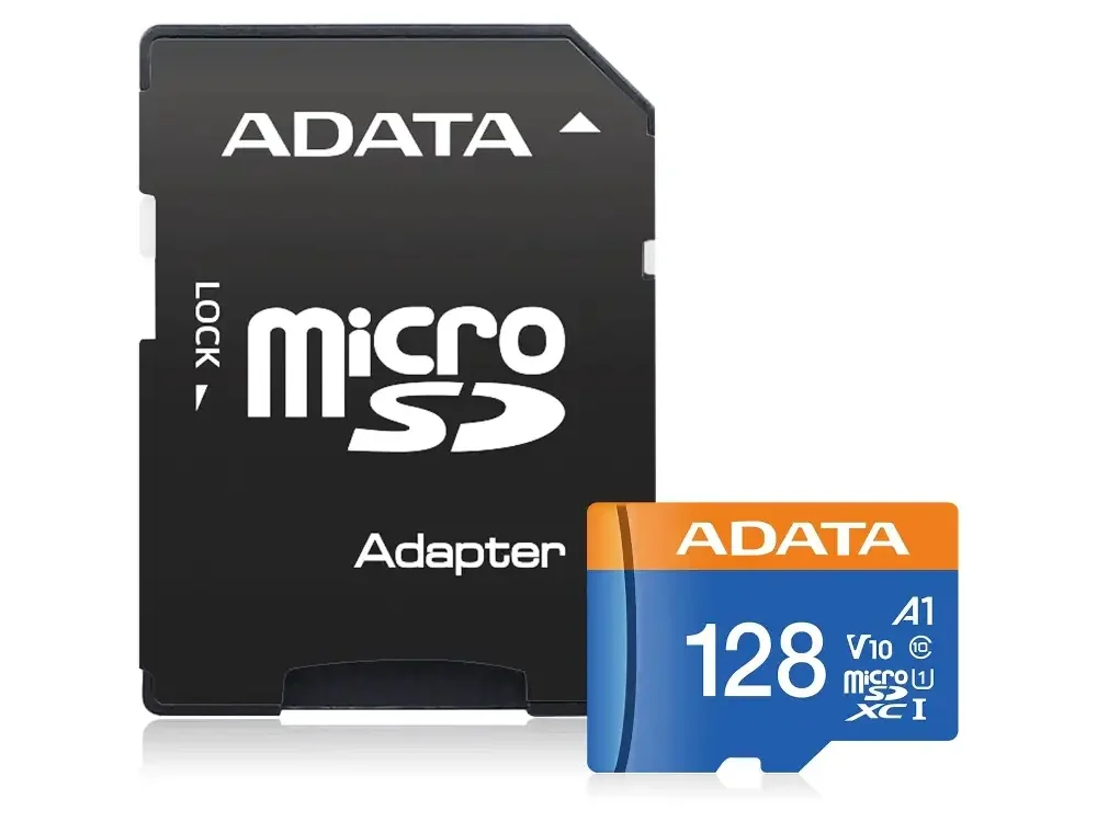 Vista frontal de la memoria Micro SDXC ADATA 128GB junto a su adaptador SD color negro sobre fondo blanco.