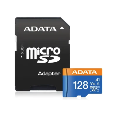 Vista frontal de la memoria Micro SDXC ADATA 128GB junto a su adaptador SD color negro sobre fondo blanco.
