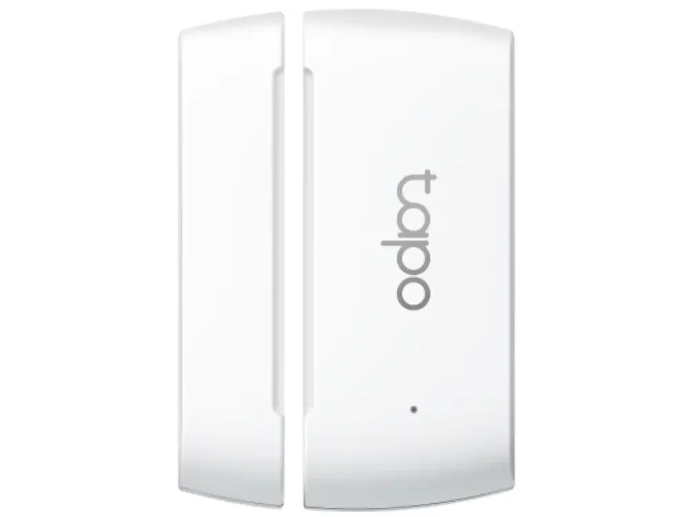 Vista frontal del sensor de contacto inteligente TP-Link Tapo T110 en color blanco sobre fondo blanco.
