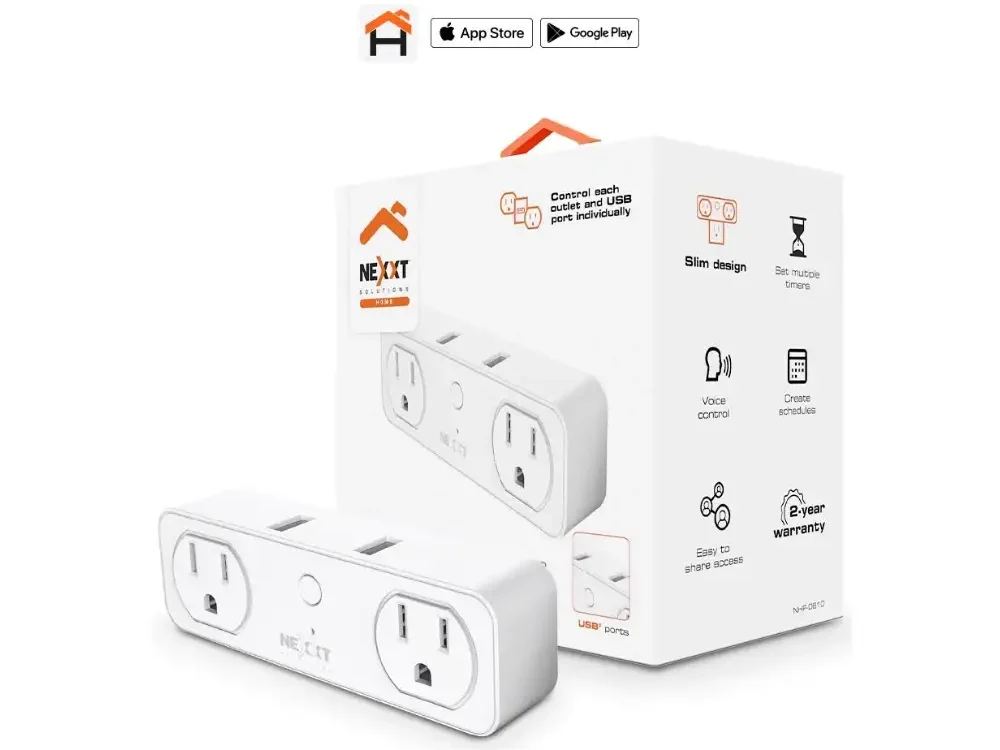Empaque original del enchufe inteligente Nexxt Solutions Home destacando su compatibilidad con Alexa y Google Assistant.
